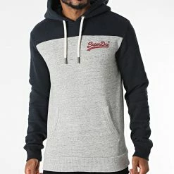 Vente flash ⭐ Sweat Capuche Vintage Logo AC Colourblock M2011550A Bleu Marine Gris Chiné de Superdry 🧨