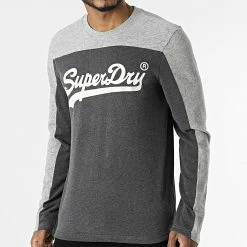 Nouveau 💯 Tee 👚 Shirt Manches Longues College Vintage Logo Gris Chiné Gris Anthracite Chiné de Superdry 🔔