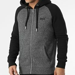 De gros 🤩 Sweat Zippé Capuche VLE ⚾ Baseball M2011954A Gris Anthracite Chiné Noir de Superdry 😀