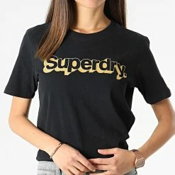 Promo 💯 Tee 👚 Shirt Femme Vintage Classic Metallic Noir Doré de Superdry ⌛