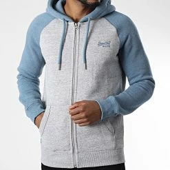 Vente flash 👍 Sweat Capuche Zippé Vintage Logo Embroidery ⚾ Baseball Gris Chiné Bleu Clair de Superdry ✔️