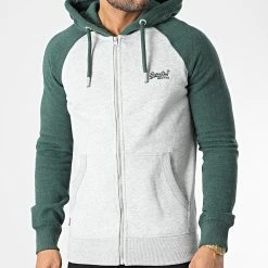 Sortie 🎁 Sweat Capuche Zippé Vintage Logo Embroidery ⚾ Baseball Gris Chiné Vert de Superdry 🧨