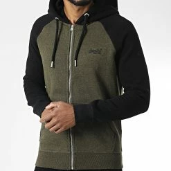 Sortie 🧨 Sweat Capuche Zippé Vintage Logo Embroidery ⚾ Baseball Vert Kaki Noir de Superdry 🧨